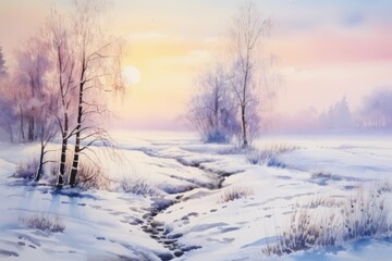 A picturesque painting of a snow-covered field with tall trees. Perfect for winter-themed designs and nature-inspired projects