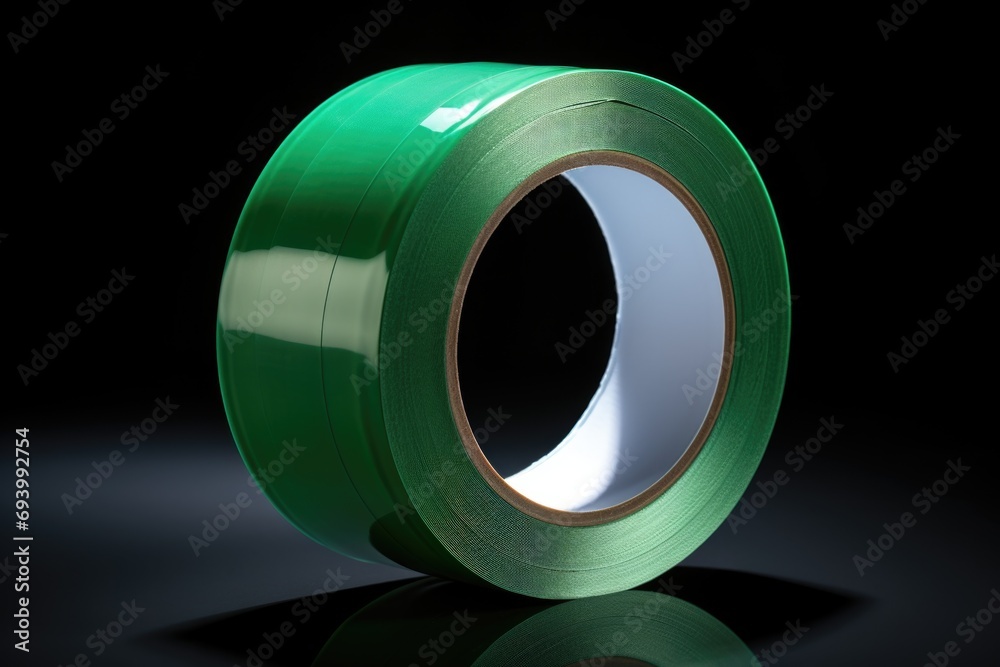 Poster a roll of green tape on a black surface. can be used for various projects and diy activities