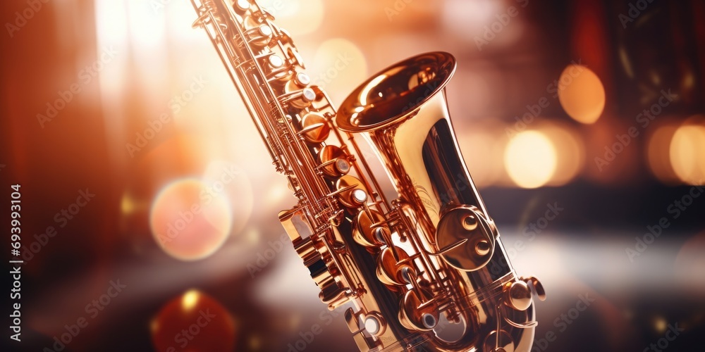 Poster a detailed shot of a saxophone on a stage. suitable for music-related projects