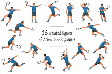 Fototapeta na wymiar 16 figures of Japanese tennis players in blue T-shirts serving, receiving, hitting the ball, standing, jumping and running