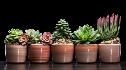 A collection of various types of succulents displayed in pots. Perfect for adding a touch of greenery to any indoor or outdoor space