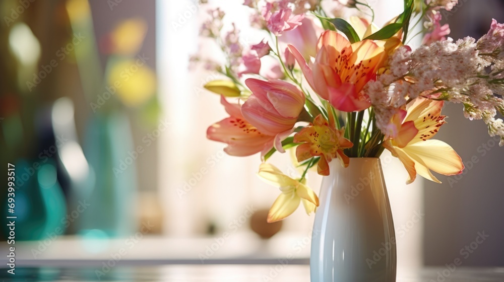 Poster A vibrant display of flowers arranged in a vase, perfect for adding a pop of color to any space