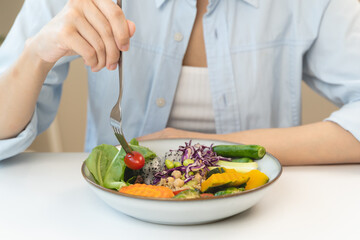 wellness lifestyles eat healthy food for good health concept, Close-up meal of vegan food have variety vegetable and raw freshness produce on the table.