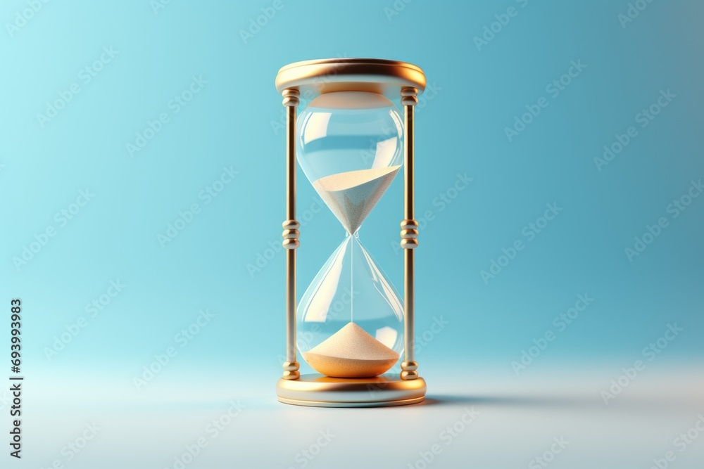 Poster hourglass with sand on a blue background. perfect for time-related concepts and themes