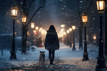 A woman is pictured walking her dog in the snow. This image can be used to depict winter activities...
