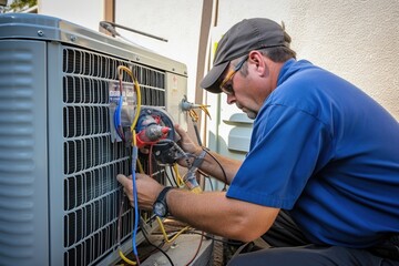 A man is shown working on an air conditioner unit outdoors. This image can be used to depict maintenance, repair, or installation of air conditioning systems