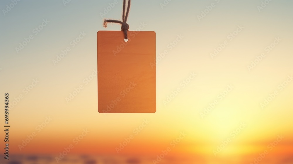 Poster A tag hanging from a string with the sun setting in the background. This image can be used for various purposes