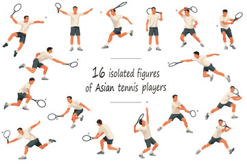 16 figures of Indonesian, Thai or Filipino tennis players in white T-shirts serving, receiving, hitting the ball, standing, jumping and running