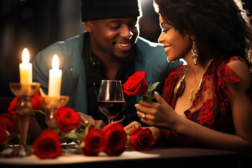 couple in love with wine, candles, hearts and lights, enjoying time together smiling during...