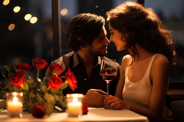 couple in love with wine, candles, hearts and lights, enjoying time together smiling during valentine