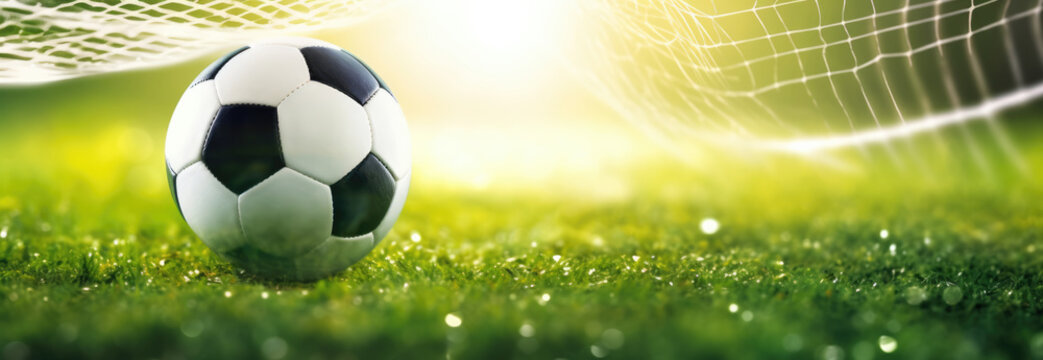 A football lying on the grass next to the goal net, a banner with space for your text