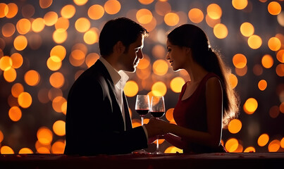 couple in love with wine, candles, hearts and lights, enjoying time together smiling during valentine