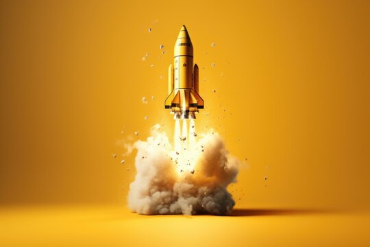A yellow rocket in flight. Suitable for science, space, and technology-related projects