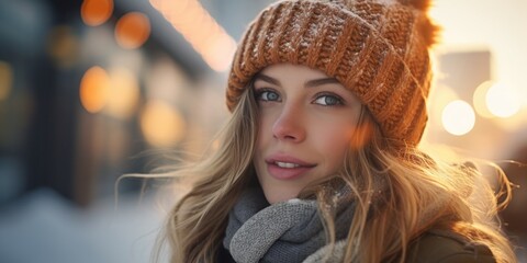 A woman wearing a warm knit hat and cozy scarf. Perfect for winter fashion or cold weather concepts
