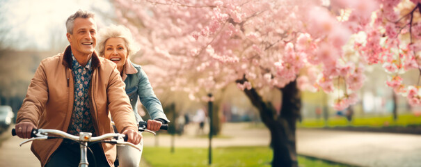 an adult couple rides bicycles in a spring park with a joyful and peaceful mood of happiness. outdoor fitness. healthy lifestyle. Generative AI - obrazy, fototapety, plakaty