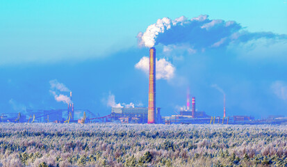  Air pollution from steel plant chimneys. Destruction of the ozone layer of the atmosphere, release...