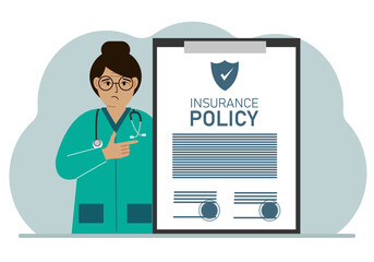 Woman doctor next to the insurance policy.