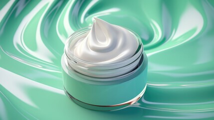 Cream jar close-up on a vibrant green background. Suitable for skincare or beauty product advertisements