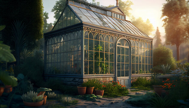 Greenhouse in the garden and beautiful background,  Ai generated image.