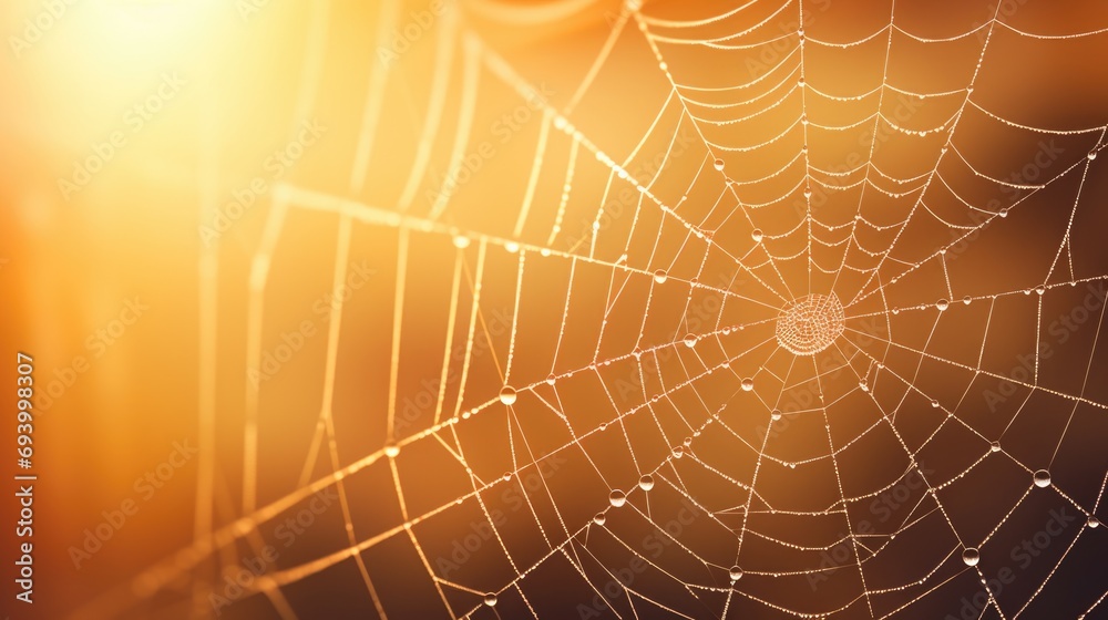 Poster a close-up shot of a spider web covered in glistening water droplets. perfect for adding a touch of 
