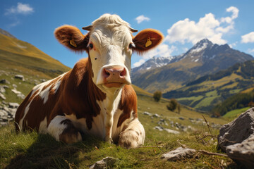 Fototapeta na wymiar Cute cow grazing on green grass in a mountain valley