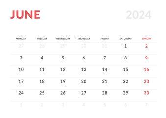 Monthly page Calendar Planner Templates of June 2024. Vector layout of simple calendar with week start Monday for print. Page for size A4 or 21x29.7 cm
