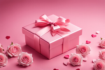 Pink gift box with pink roses on pink background. Valentines day concept.