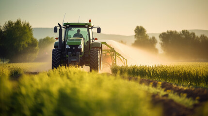 Tractor in the middle of a field, spraying crops with a boom sprayer
