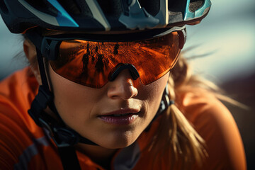Close-up portrait of a female cyclist wearing a helmet and sunglasses - obrazy, fototapety, plakaty