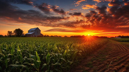 Cornfield with a traditional barn in the background