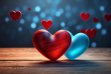 two hearts on wooden background
