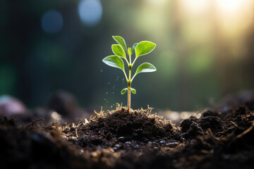 Fototapeta premium Young sprout of a plant in the sun rays