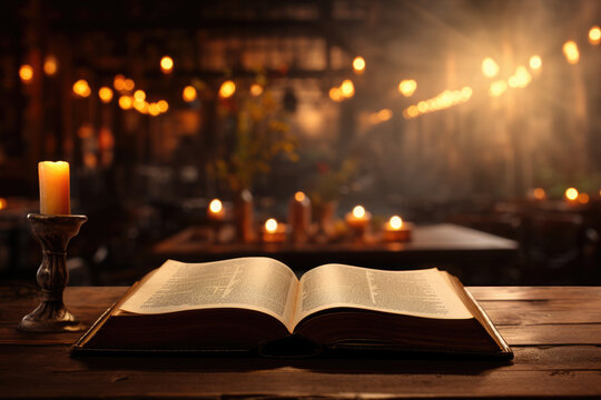 Open old bible in candlelight in church