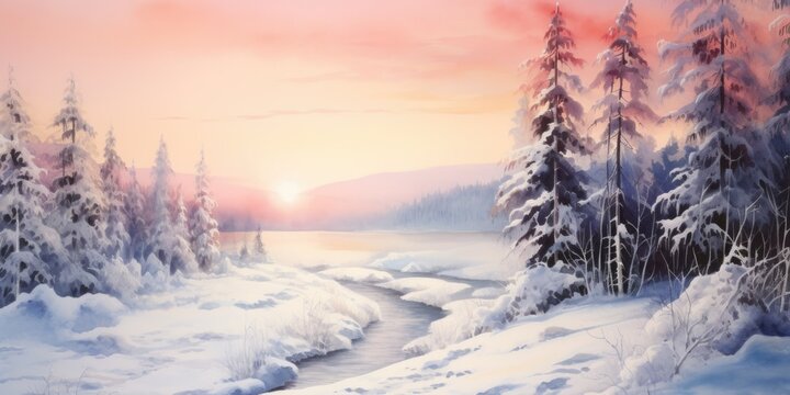 A painting of a serene snowy landscape with tall trees. Perfect for winter-themed designs and nature illustrations