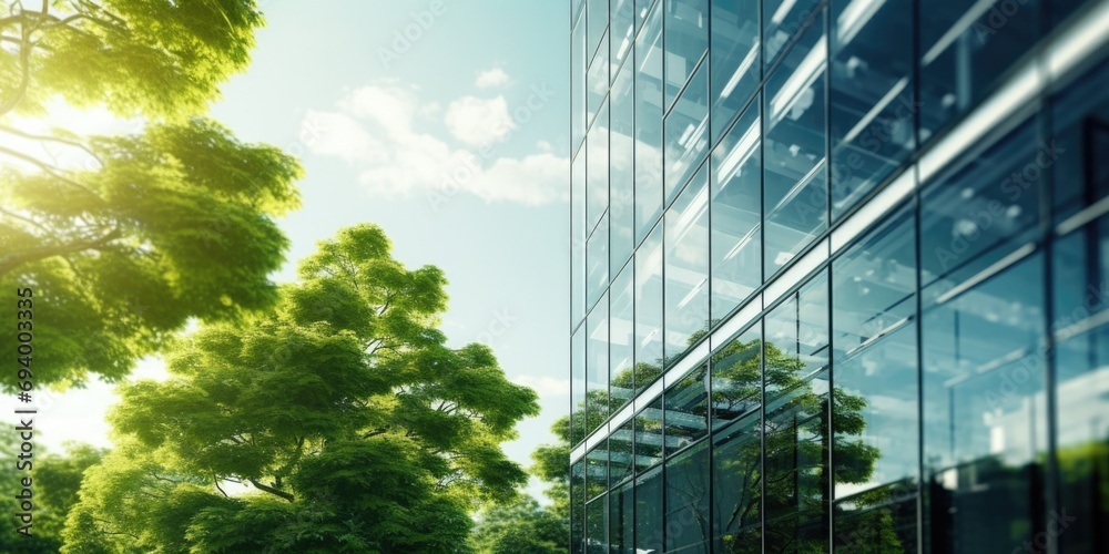Poster A building with a lot of windows and trees in front of it. Perfect for architectural or nature-themed projects