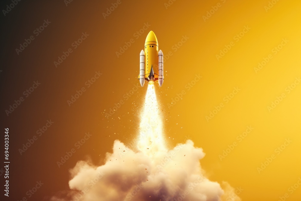 Poster A space shuttle taking off into the sky. Perfect for illustrating space exploration and technology.