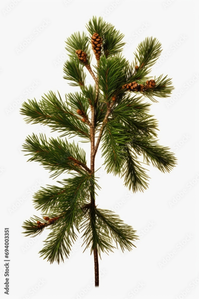 Poster A close-up view of a branch from a pine tree with cones. This image can be used to depict nature, forestry, or the beauty of the outdoors