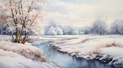 Fototapeta na wymiar A painting depicting a serene river flowing through a snowy landscape. This picture captures the beauty and tranquility of winter. Perfect for use in nature-themed designs and seasonal projects