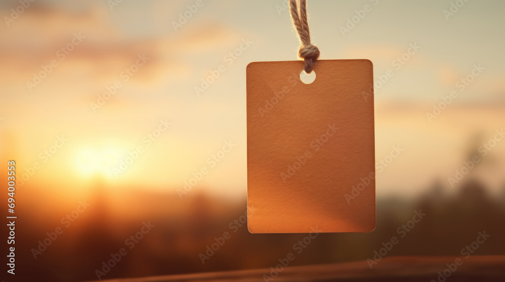 Poster A brown tag hanging from a string in front of a beautiful sunset. This image can be used to represent concepts such as reflection, identity, or leaving a mark