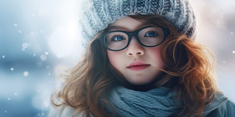 A young girl wearing glasses and a knitted hat. Perfect for winter fashion or back to school themes