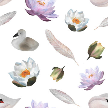 Watercolor swans and waterlilies seamless pattern Pastel birds, little swans, flowers and feathers for textile, wrapping paper childish clothes, baby decor, wallpaper Print on white background Avian