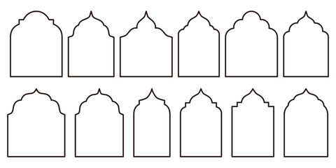 Naklejka premium Collection of Oriental Style Islamic Ramadan Kareem and Eid Mubarak Windows and Arches. Modern Design Elements Include Doors, Mosque Domes, and Lanterns in outline style