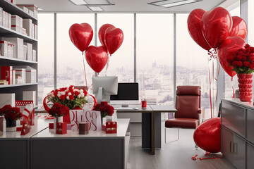 Modern office for Valentine's Day decorated with red heart-shaped balloons.