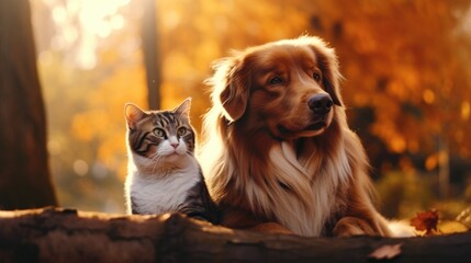A dog and a cat sitting together on a log. Can be used to depict friendship between different species