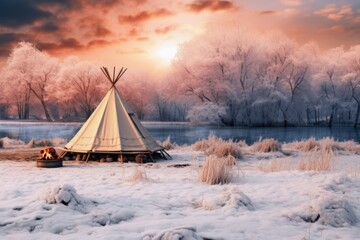 A teepee standing on a field covered in snow. Perfect for winter and outdoor-themed designs