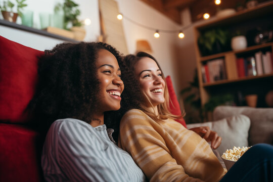 Affectionate lesbian lgbtq biracial couple sitting on the sofa in living room and watching movie