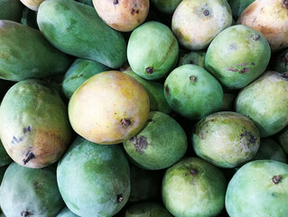 Local mango fruit from Indonesia. Green mango fruit background. A pile of mangoes from local market.