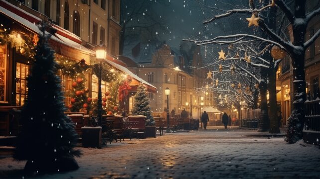 A picture capturing the serene beauty of a snowy night in a European city. Perfect for winter-themed projects and holiday promotions