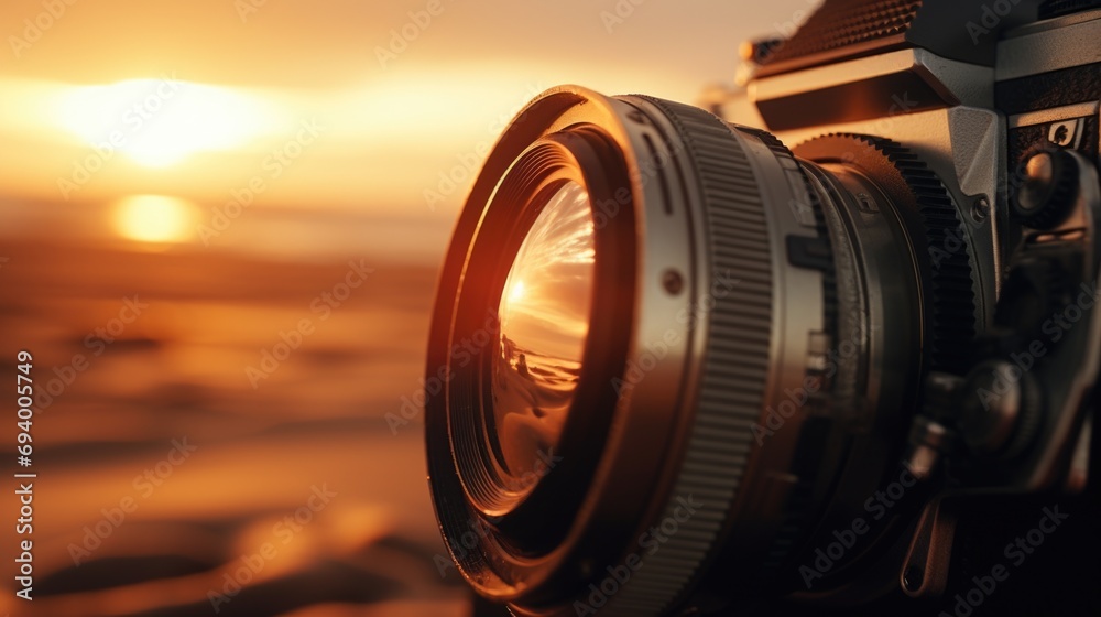 Poster a close-up view of a camera with a stunning sunset in the background. perfect for capturing beautifu