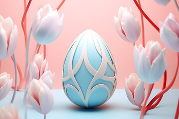 Easter card with tulips and egg 3D illustration.